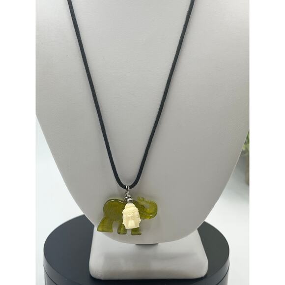 Nephrite Jade Trunk Up Elephant with Double-Headed White Buddha Pendant Necklace - Picture 9 of 9